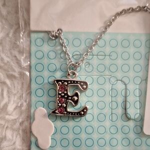 Silver Initial E Necklace with Pink Accents